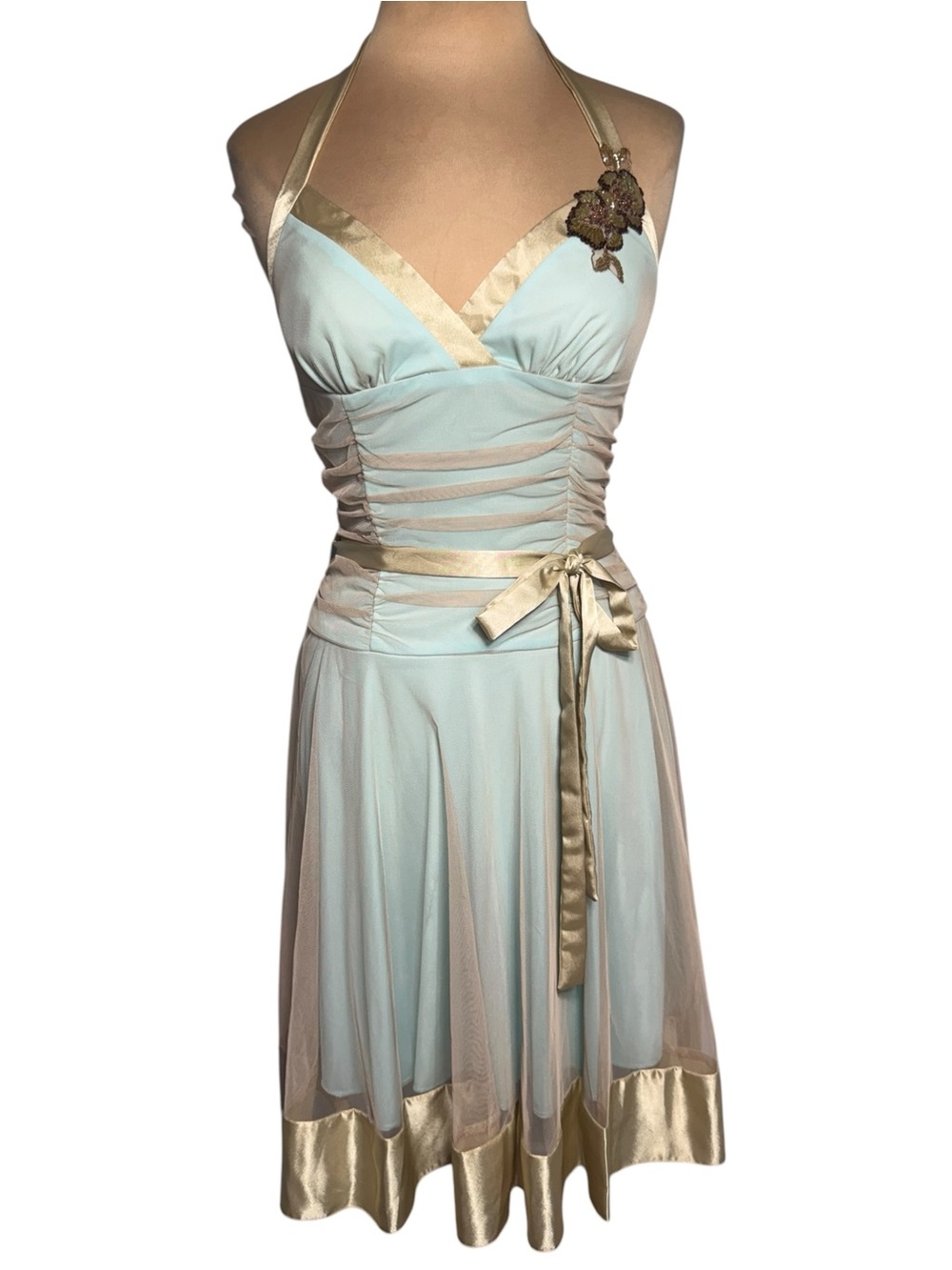 Vintage 90’s Y2K City Triangles Aqua Dress Gold Mesh overlay and trim Fairycore - Picture 5 of 12